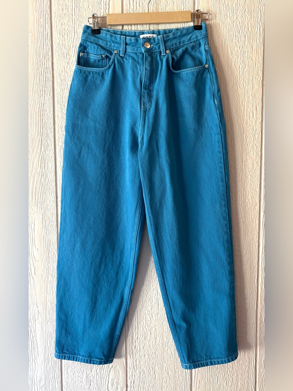 KOTN Turquoise Teal Blue High Rise Barrel Jeans